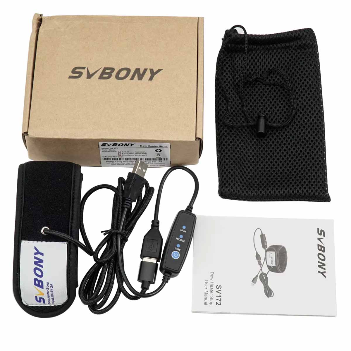 SV172 Dew Heater Strip with box, pouch, and accessories on a white background