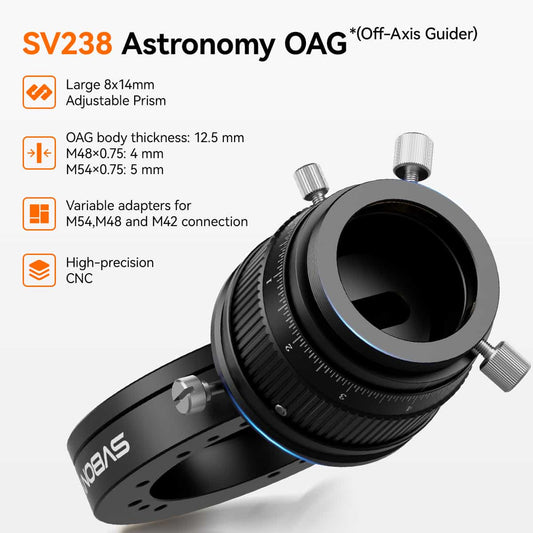SVBONY SV238 Astronomy Off-Axis Guider showing key specifications including large prism, adjustable height, and CNC design