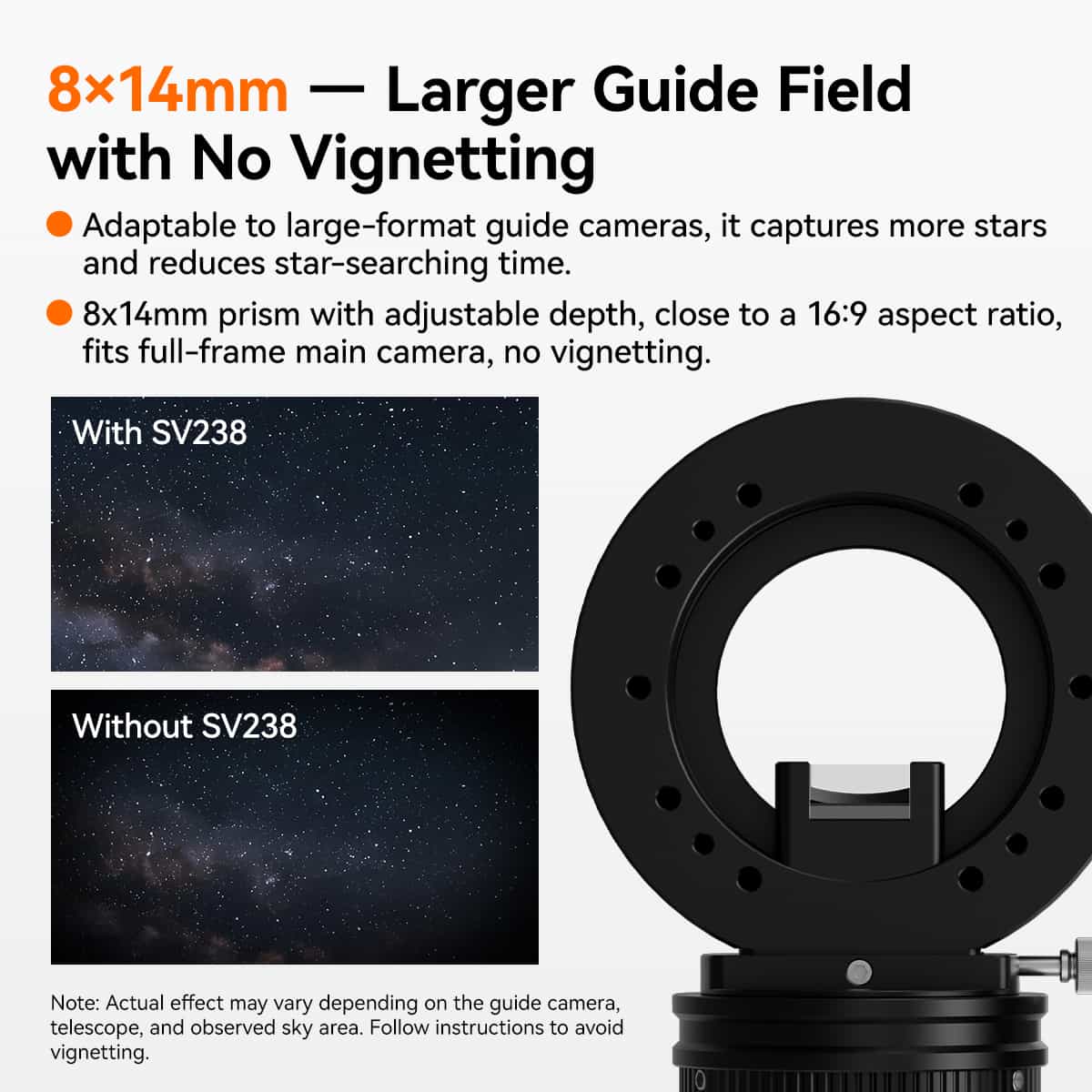 SVBONY SV238 Off-Axis Guider showing large 8x14mm prism with wider guide field and no vignetting comparison under starry sky