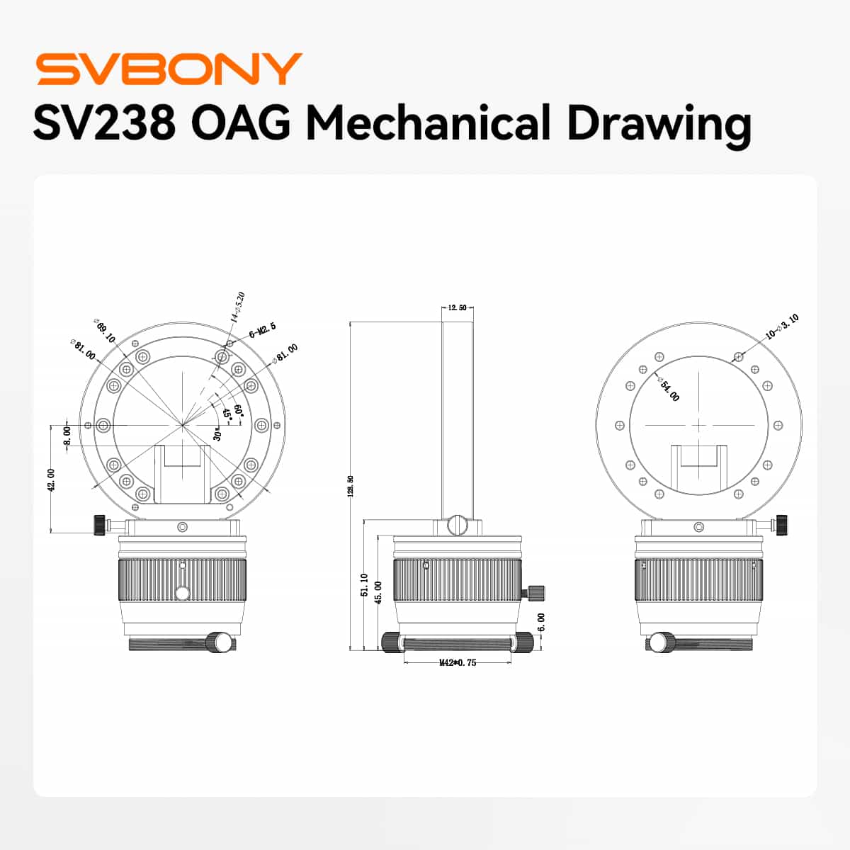 Technical mechanical drawing of the SVBONY SV238 Off-Axis Guider showing dimensions and three detailed orthographic views on a white background