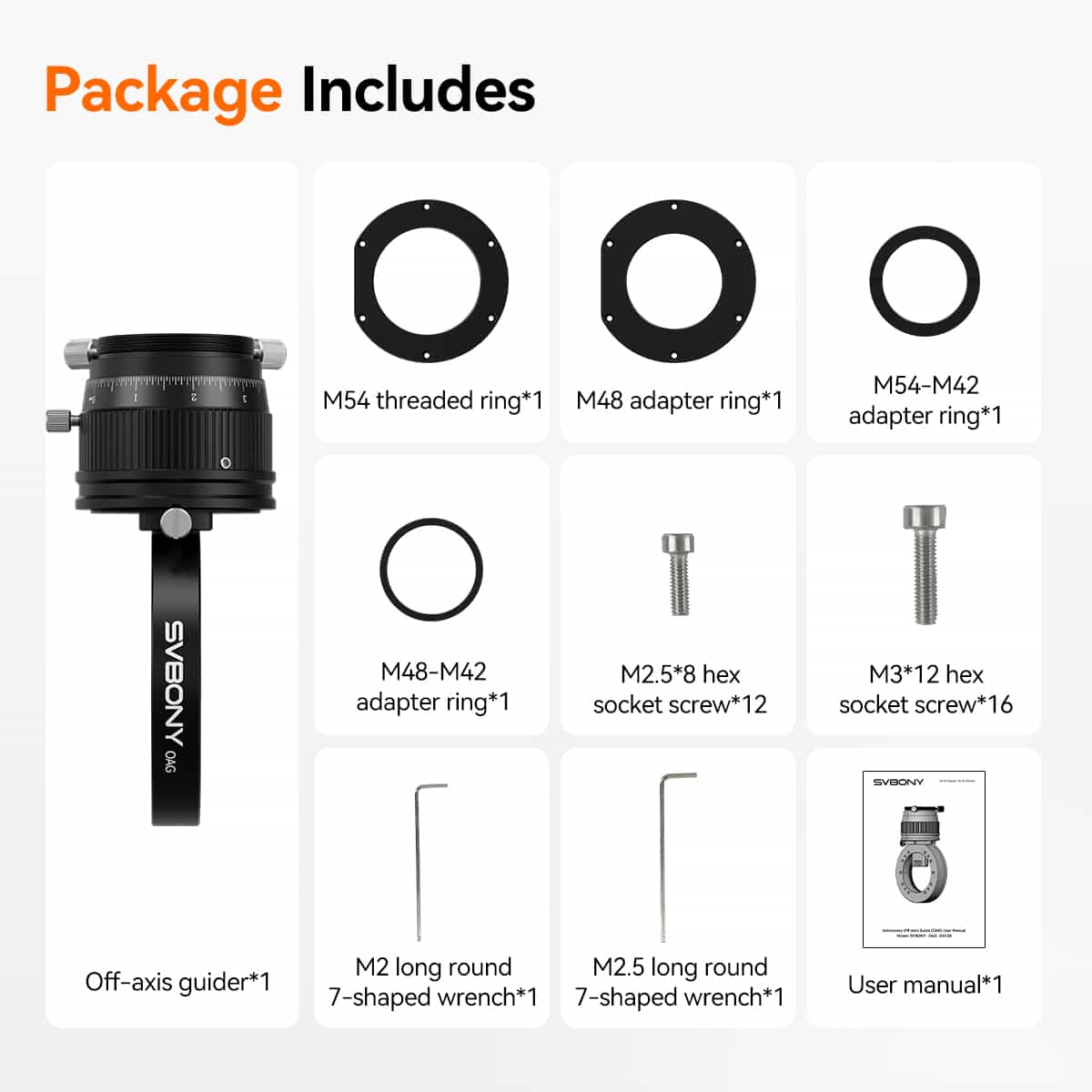 SVBONY SV238 Off-Axis Guider package contents showing included adapters, screws, wrenches, and user manual on a white background