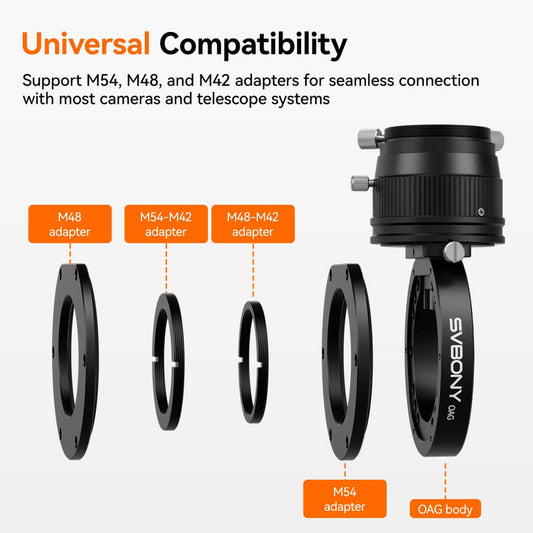 SVBONY SV238 Off-Axis Guider showing universal compatibility with M54, M48, and M42 adapters for seamless telescope and camera connection
