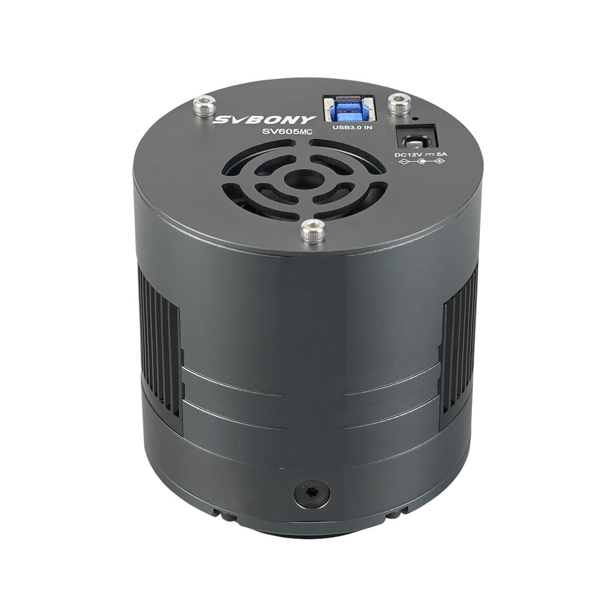 SVBONY SV605MC cooled astronomy camera rear view showing USB 3.0 data port, 12V power input, cooling fan, and cylindrical metal housing on a white background
