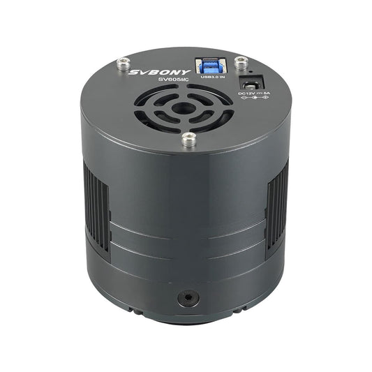 SVBONY SV605MC cooled astronomy camera rear view showing USB 3.0 data port, 12V power input, cooling fan, and cylindrical metal housing on a white background
