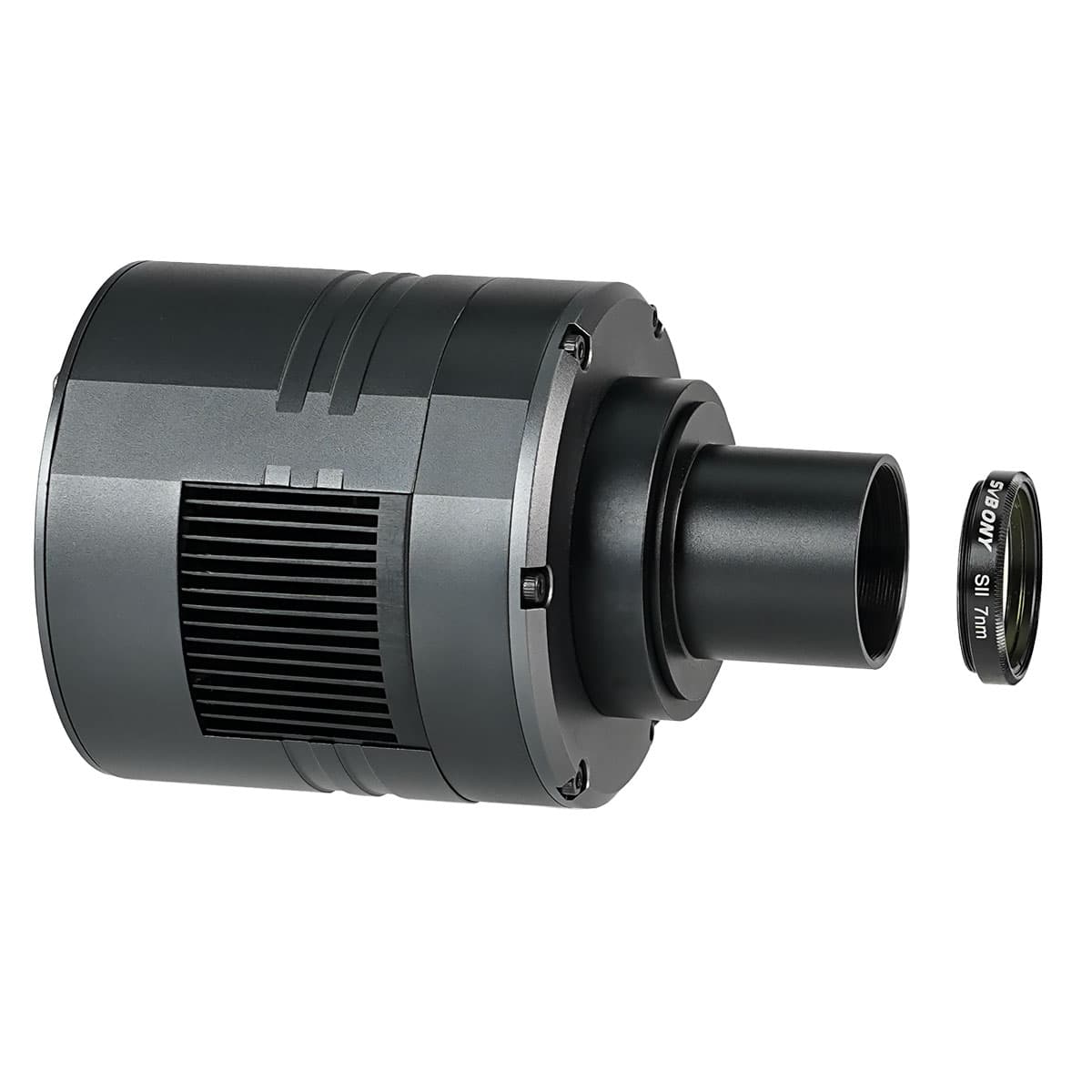 SVBONY SV605MC cooled astronomy camera showing removable nosepiece and M42 adapter on a white background
