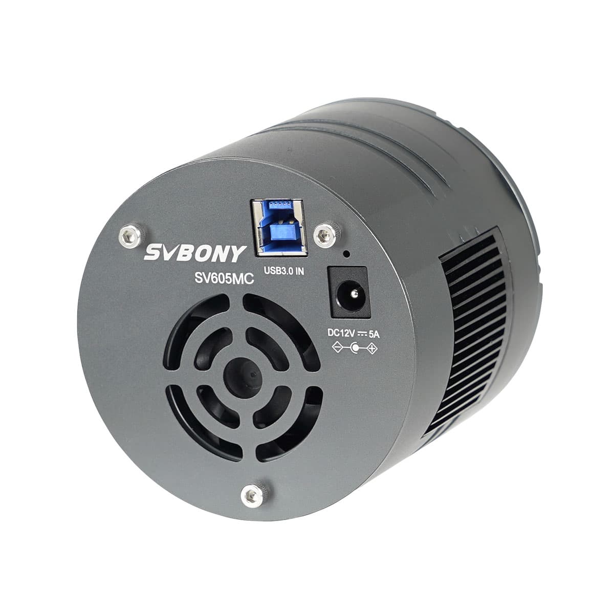 SVBONY SV605MC cooled astronomy camera rear view showing USB 3.0 data port, 12V power input, cooling fan and heat sink on a white background
