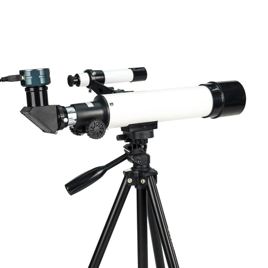 SVBONY SV105 planetary camera mounted on a refractor telescope and tripod
