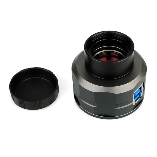 SVBONY SV205 astronomy camera with front cap removed showing lens opening and USB 3.0 port
