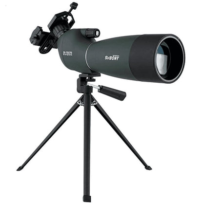 Svbony SV28 Black 25-75x70 Spotting Scope with Desktop Tripod. 20-75x70mm with tripod and phone adapter