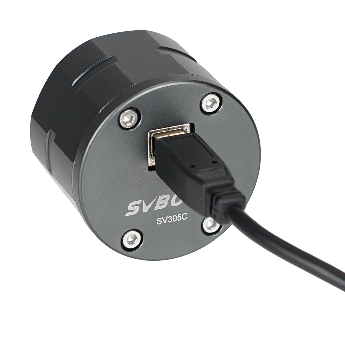 Rear view of the SVBONY SV305C astronomy camera showing USB connection and metal housing
