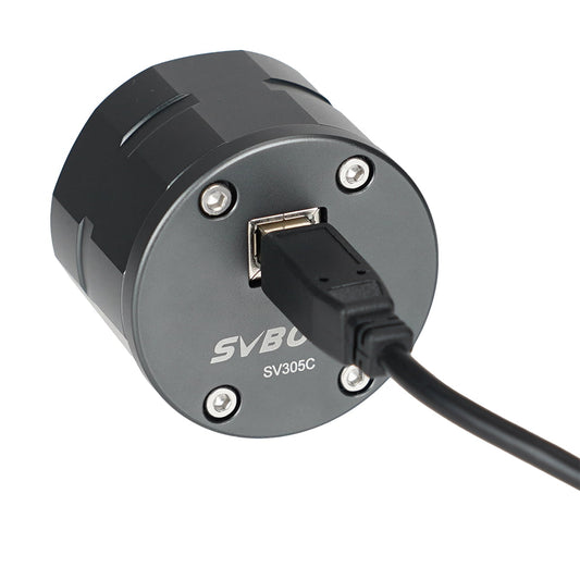 Rear view of the SVBONY SV305C astronomy camera showing USB connection and metal housing
