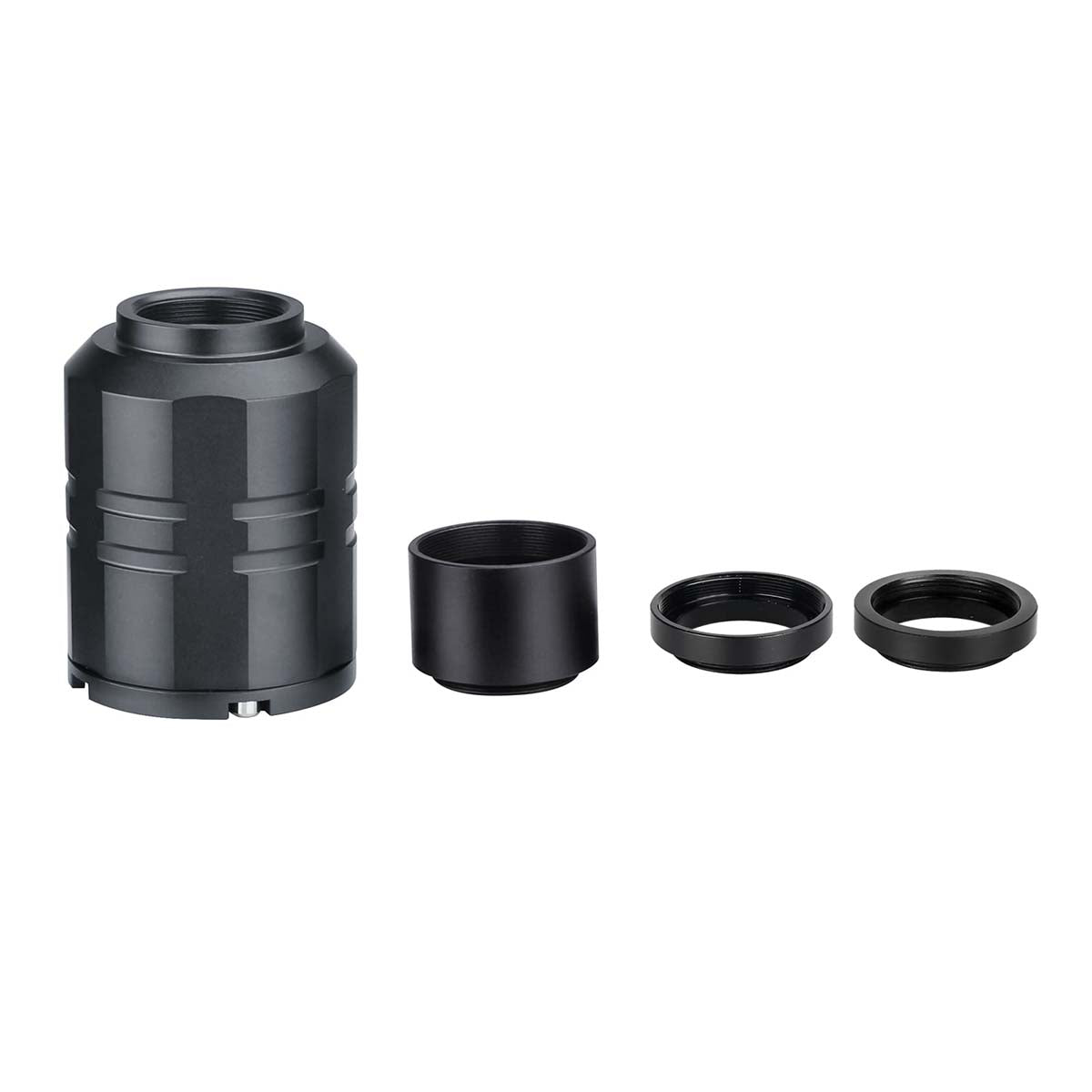 SVBONY SV305M Pro astronomy camera shown with included metal spacer rings and threaded adapters laid out on a white background

