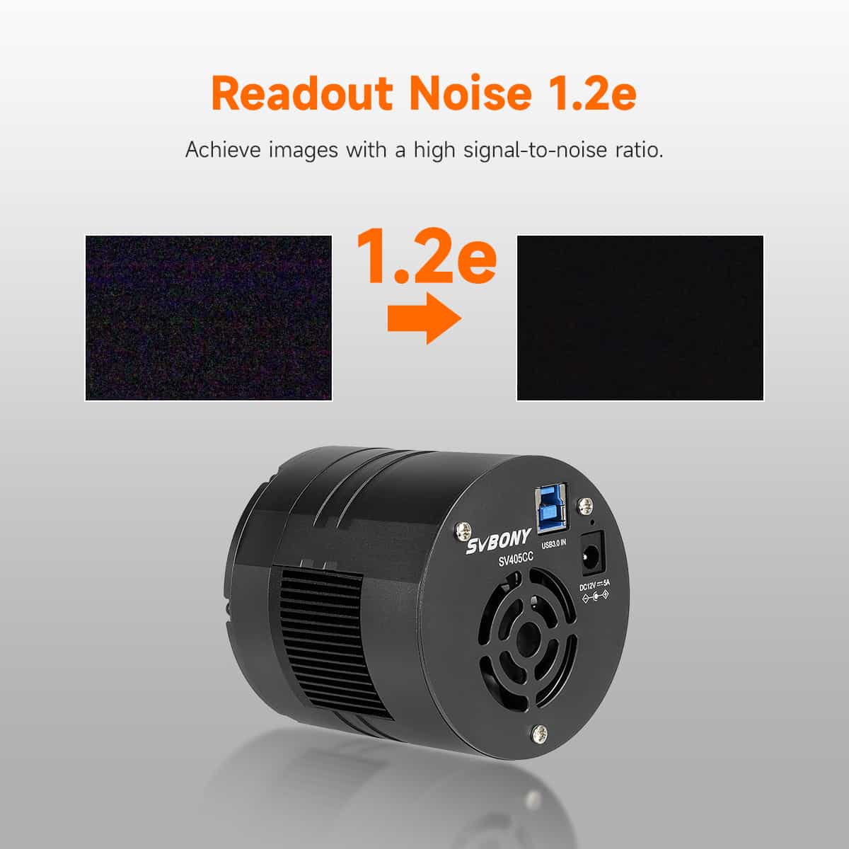 SVBONY SV405CC OSC astronomy camera illustrating low readout noise of 1.2e with before and after noise comparison for improved astrophotography signal-to-noise ratio
