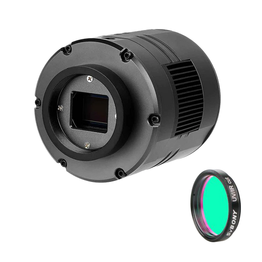 SVBONY SV405CC OSC cooled astronomy camera showing Sony IMX294 sensor with included UV IR cut filter for deep sky astrophotography
