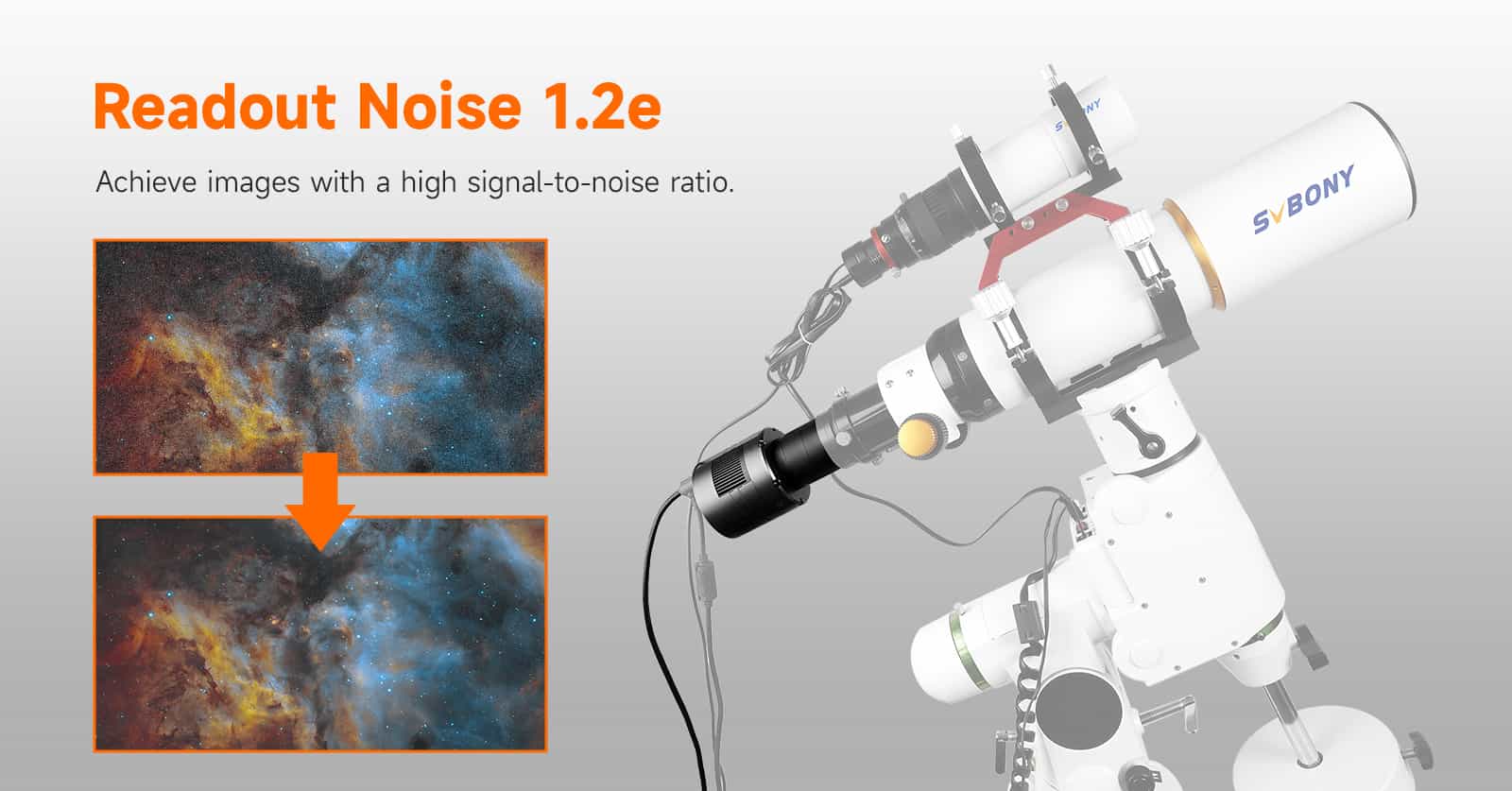 SVBONY SV405CC OSC astronomy camera demonstrating ultra low 1.2e readout noise with before and after deep sky nebula imaging comparison
