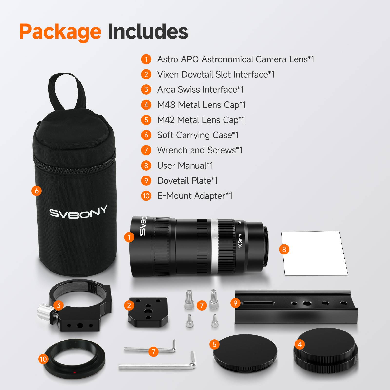 SVBONY SV535 105mm f/2.8 APO astro lens package contents including lens, dovetail plate, Arca-Swiss plate, metal lens caps, carrying case, screws, and accessories
