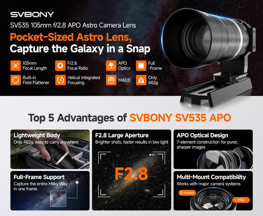 SVBONY SV535 105mm f/2.8 APO astro prime lens for wide-field deep-sky astrophotography
