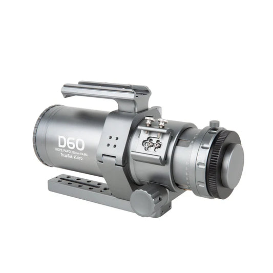Angled rear view of ToupTek HOPE D60 APO refractor telescope showing dual-speed focuser and mounting handle