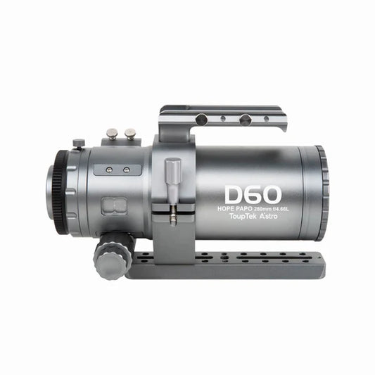 Side view of ToupTek HOPE D60 280mm f/4.66 full-frame apochromatic refractor telescope on dovetail mount