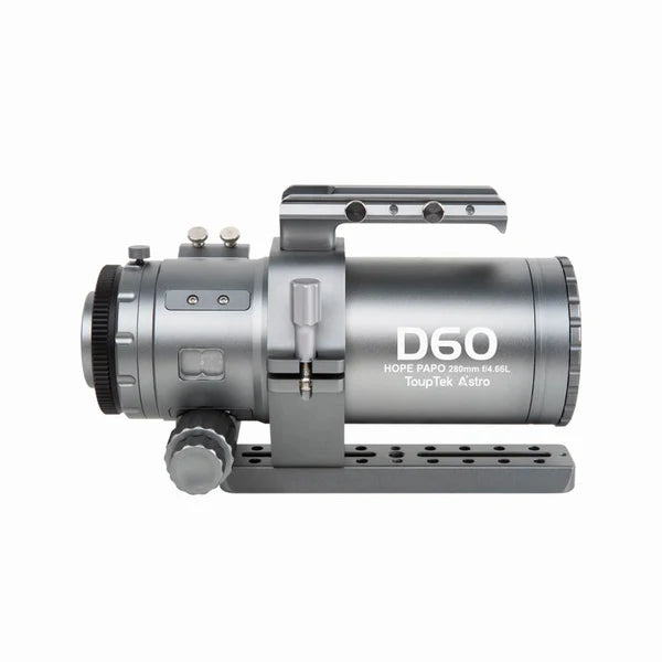 Side view of ToupTek HOPE D60 280mm f/4.66 full-frame apochromatic refractor telescope on dovetail mount