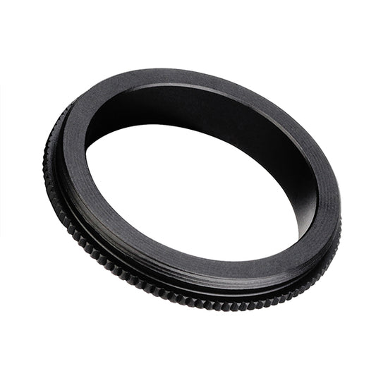 Black camera lens adapter ring on a white background