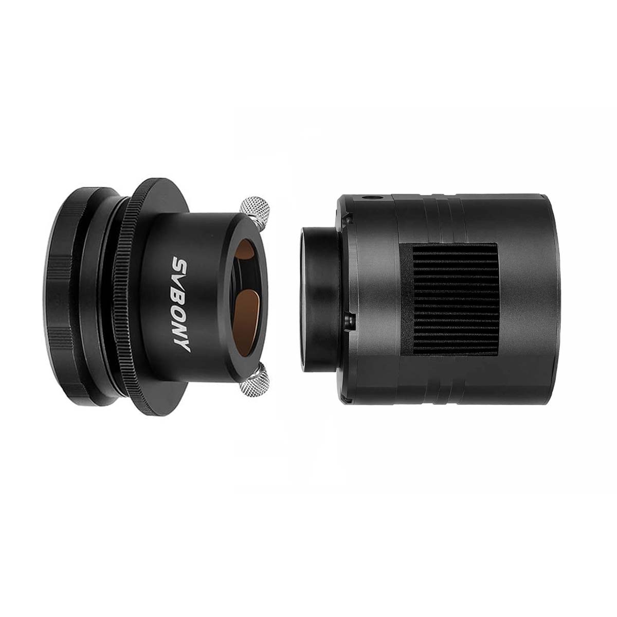 Two black camera lens components on a white background
