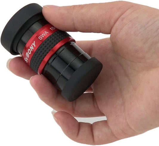 SV154 Telescope Eyepiece 1.25inch 70 Degree SWA 15mm Red in hand