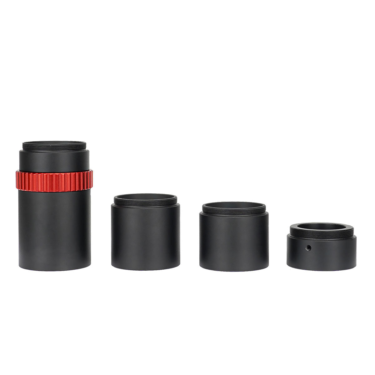 Set of black cylindrical lenses with a red accent on a white background