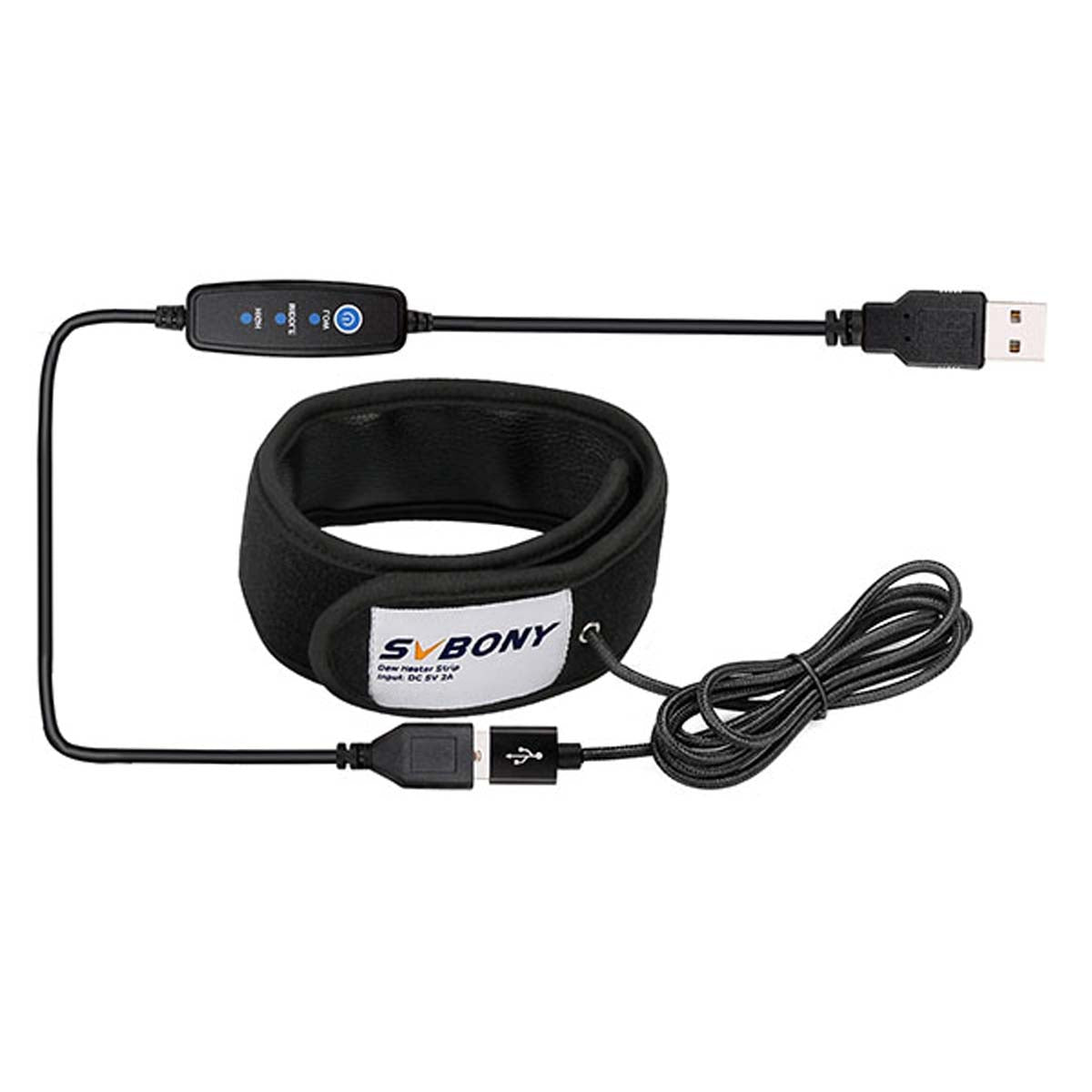 SvBony SV172 Dew Heater Stripwith usb black cable on a white background