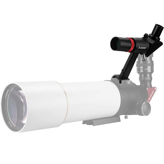 SV182 6x30 Right-Angle Finder Scope with a white tube and black and red eyepiece on a white background