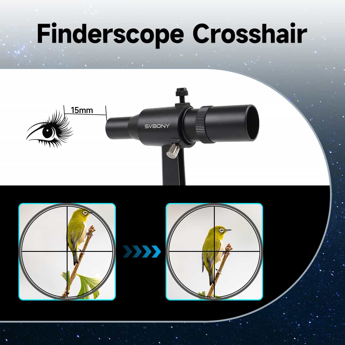 Finderscope crosshair with SVBONY branding and a comparison of a bird in different views.