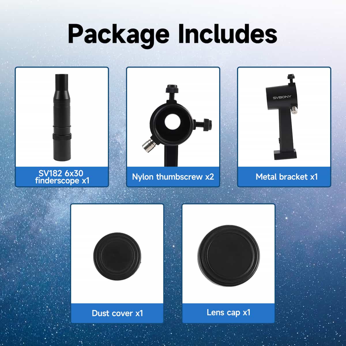 List of telescope accessories with a blue gradient background