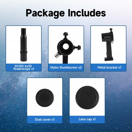 List of telescope accessories with a blue gradient background