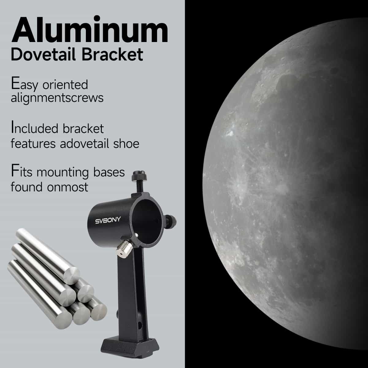 Svbony aluminum SV182 6x30 Finder Scope with mounting screws on a gray background, featuring text about its features.