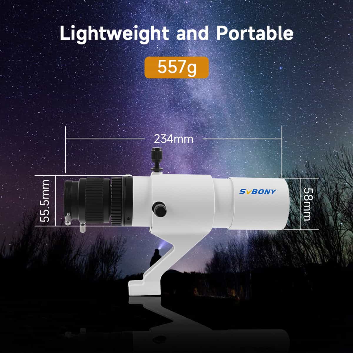 Telescope with measurements and 'Lightweight and Portable' text against a starry night sky background.