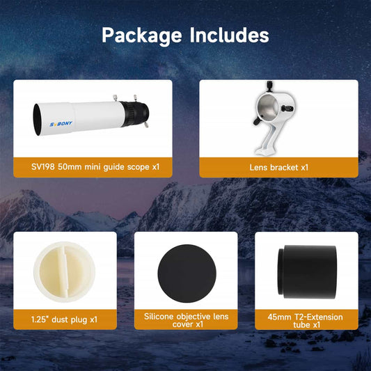Telescope package with SV198 50mm mini guide scope, lens bracket, dust plug, silicone objective lens cover, and extension tube against a mountainous background.