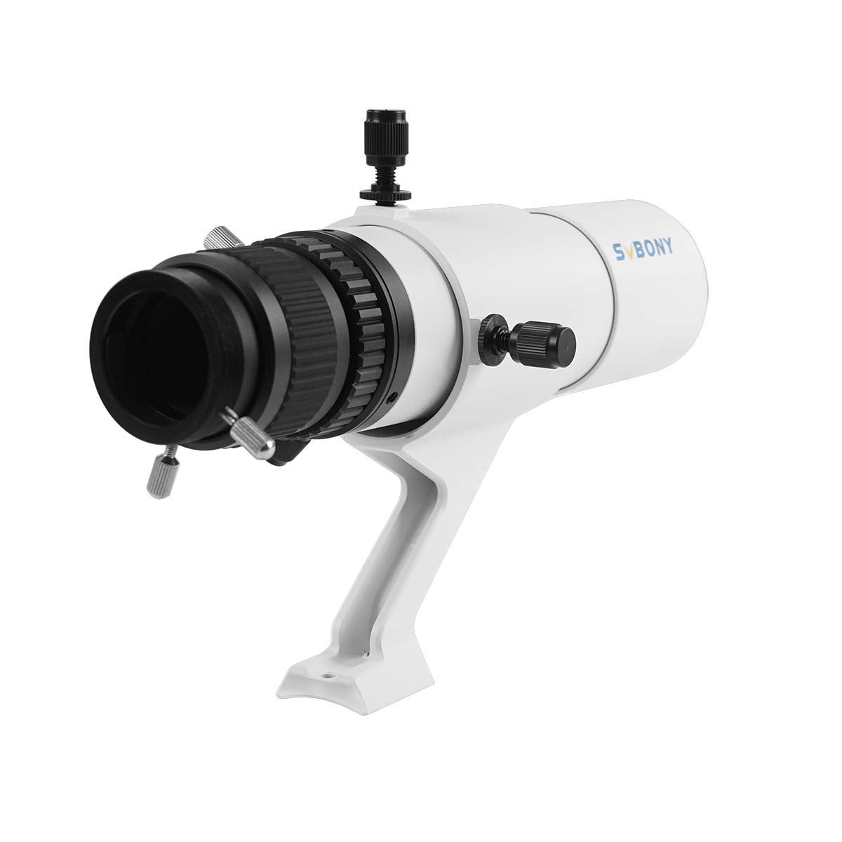 White telescope with black lens on a white background