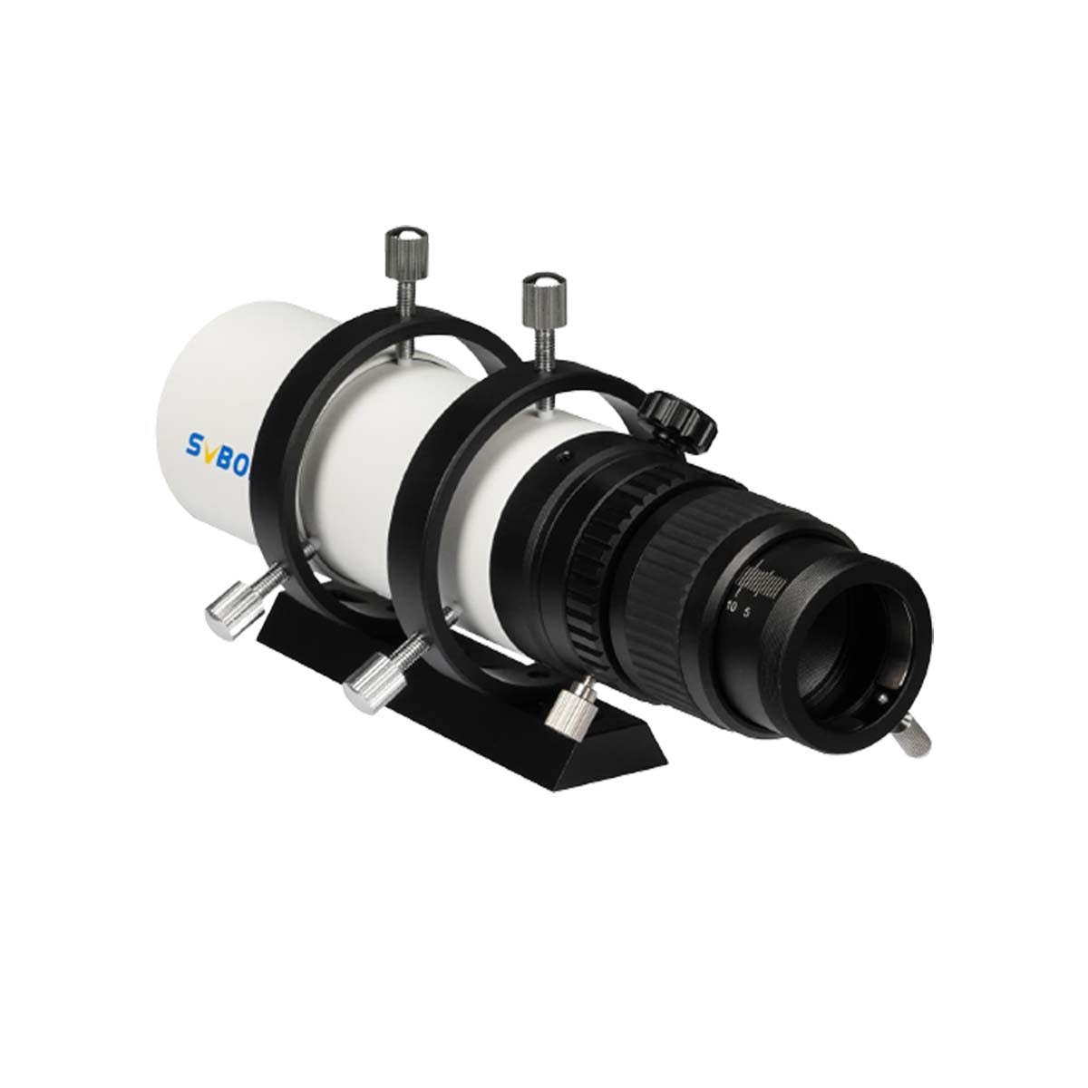 Telescope with white filter and black housing on a white background