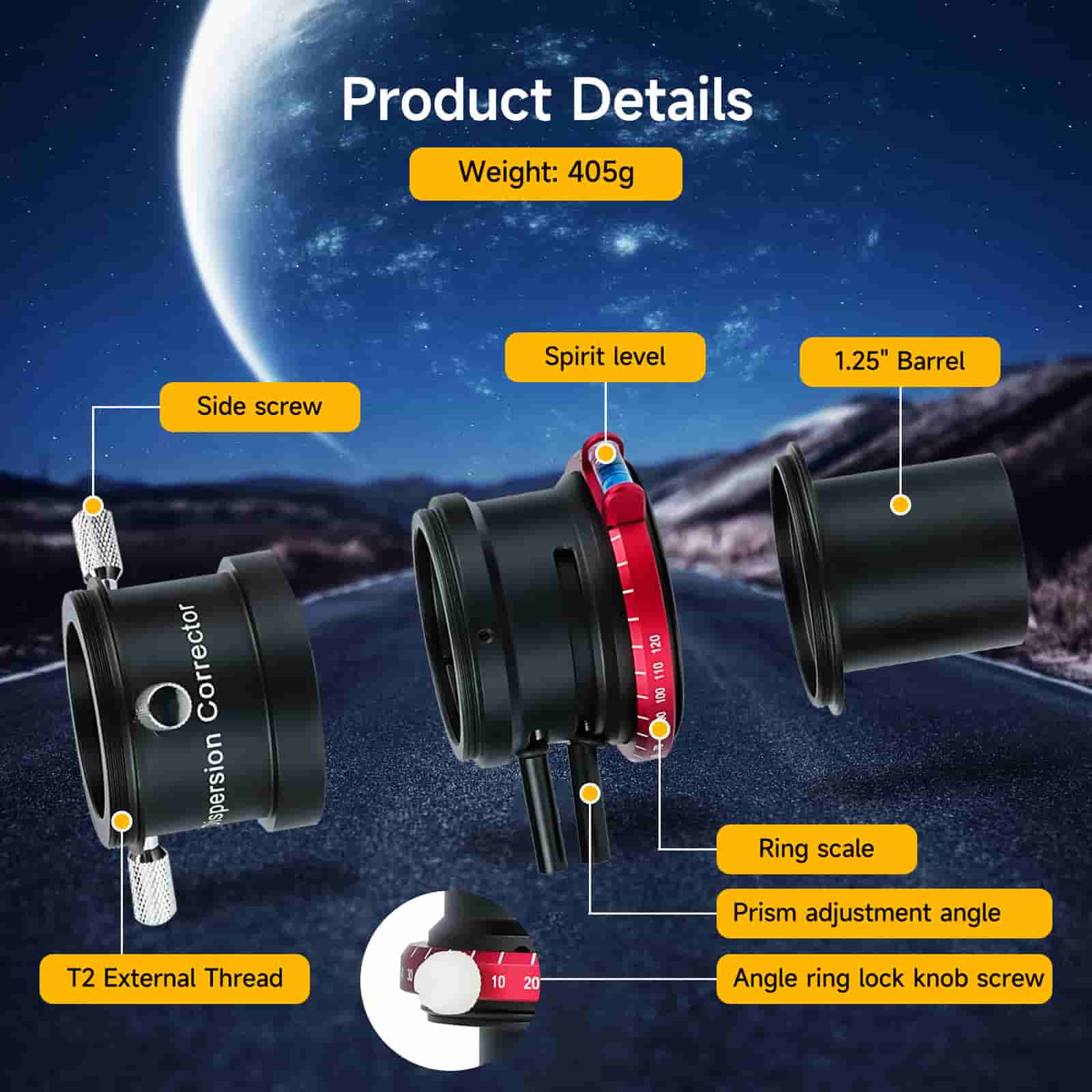 Telescope with labeled parts against a space-themed background