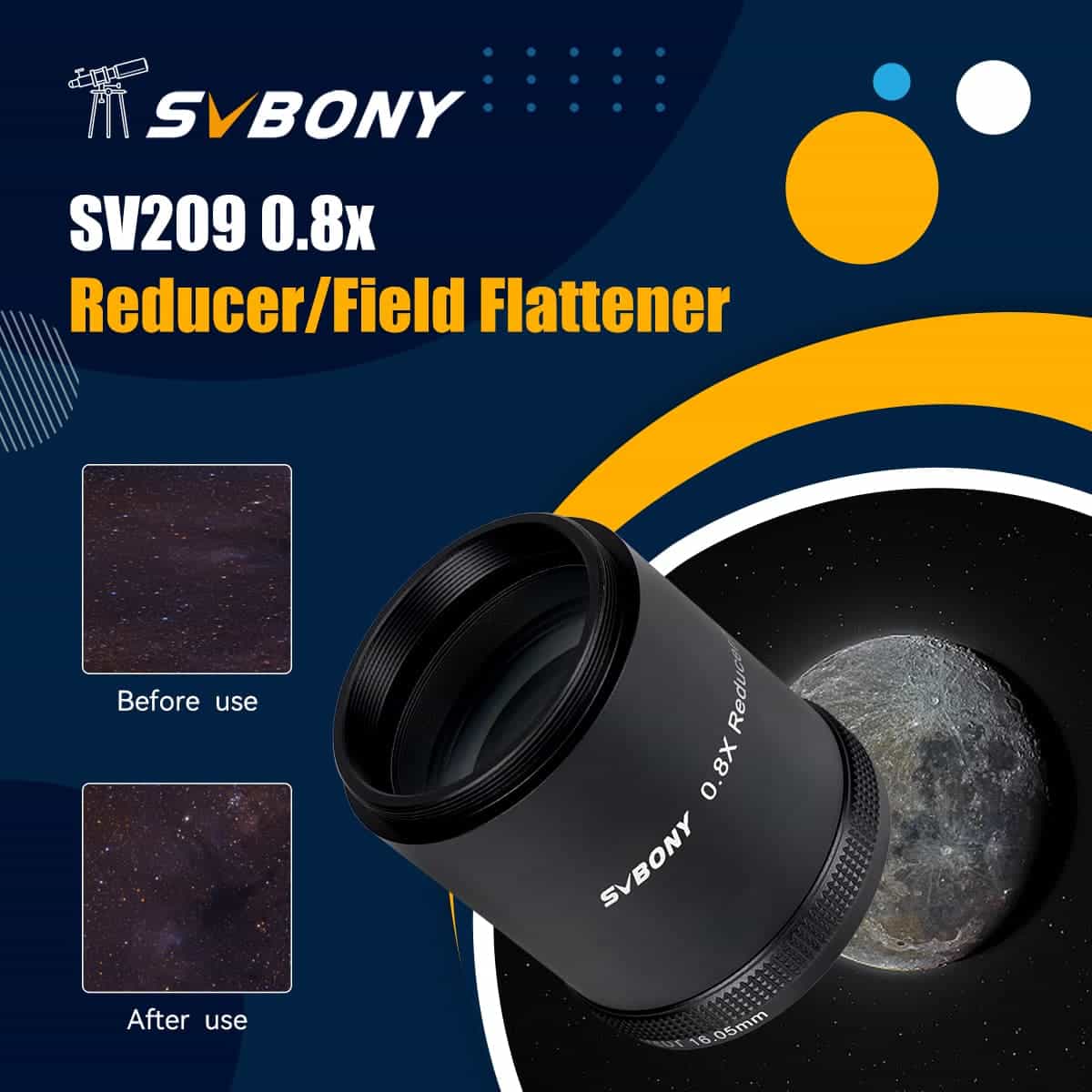 SvBony SV209 0.8x Reducer/Field Flattener with before and after use images on a space-themed background.