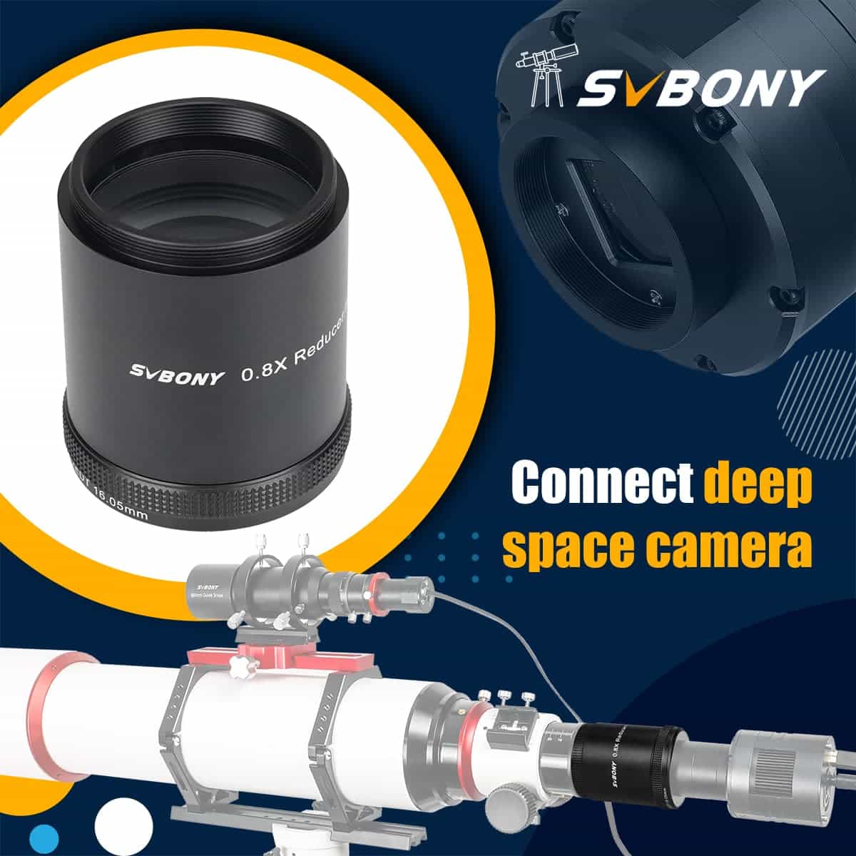 SVBONY SV209 Focal Reducer/Field Flattener 0.8x for SV550 122F7 Triplet APO setup with branding on a blue background