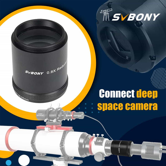 SVBONY SV209 Focal Reducer/Field Flattener 0.8x for SV550 122F7 Triplet APO setup with branding on a blue background