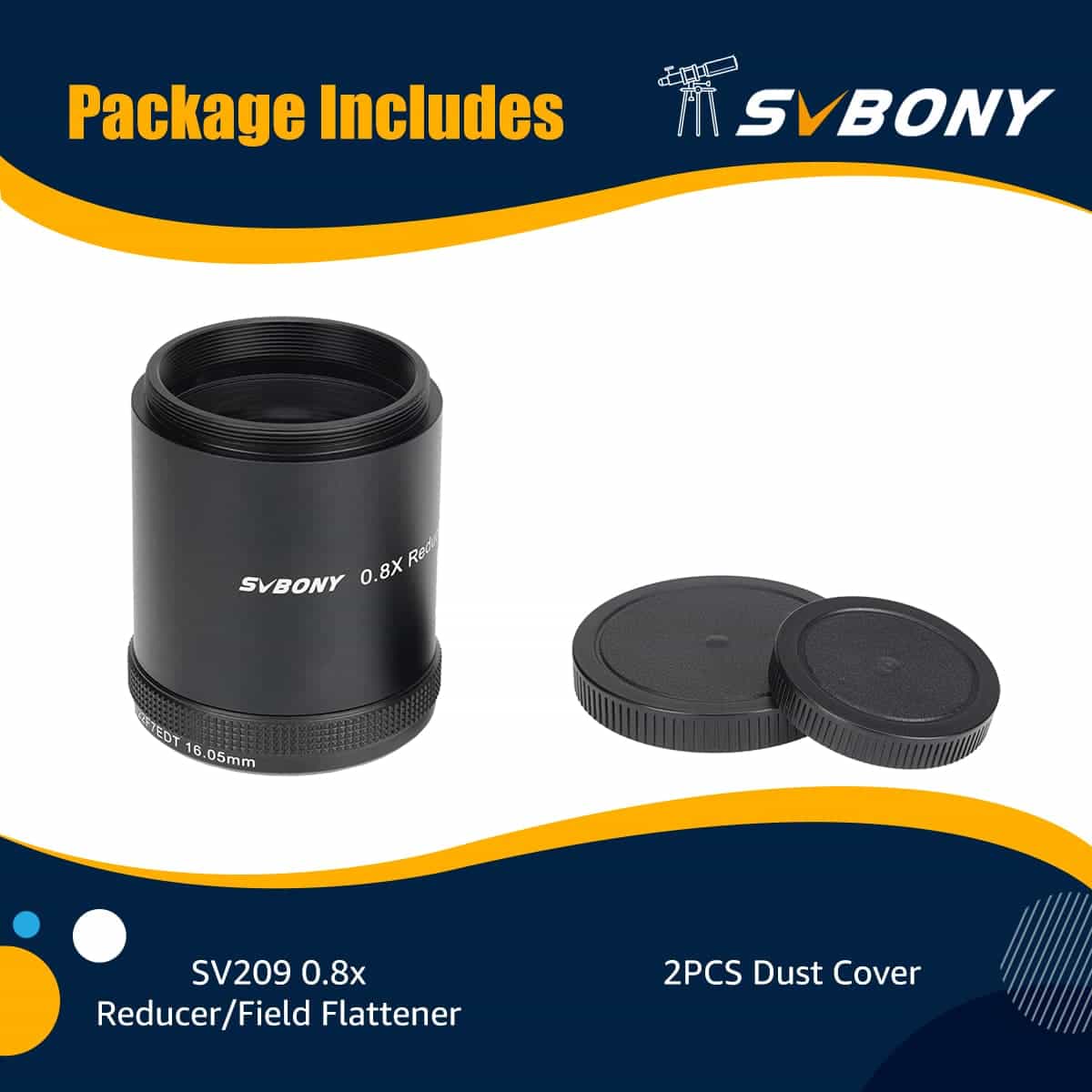 SVBONY SV209 Focal Reducer/Field Flattener 0.8x for SV550 122F7 Triplet APO showing package contents