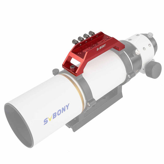 Telescope with a red mount on a white background, featuring the Svbony brand.