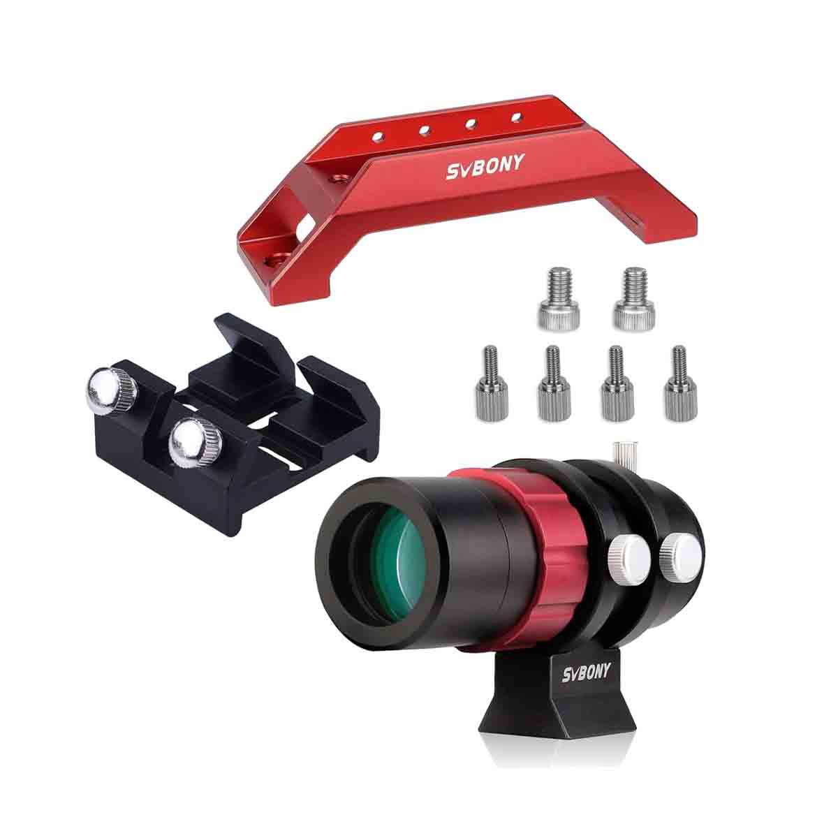 Svbony telescope with red and black components on a white background