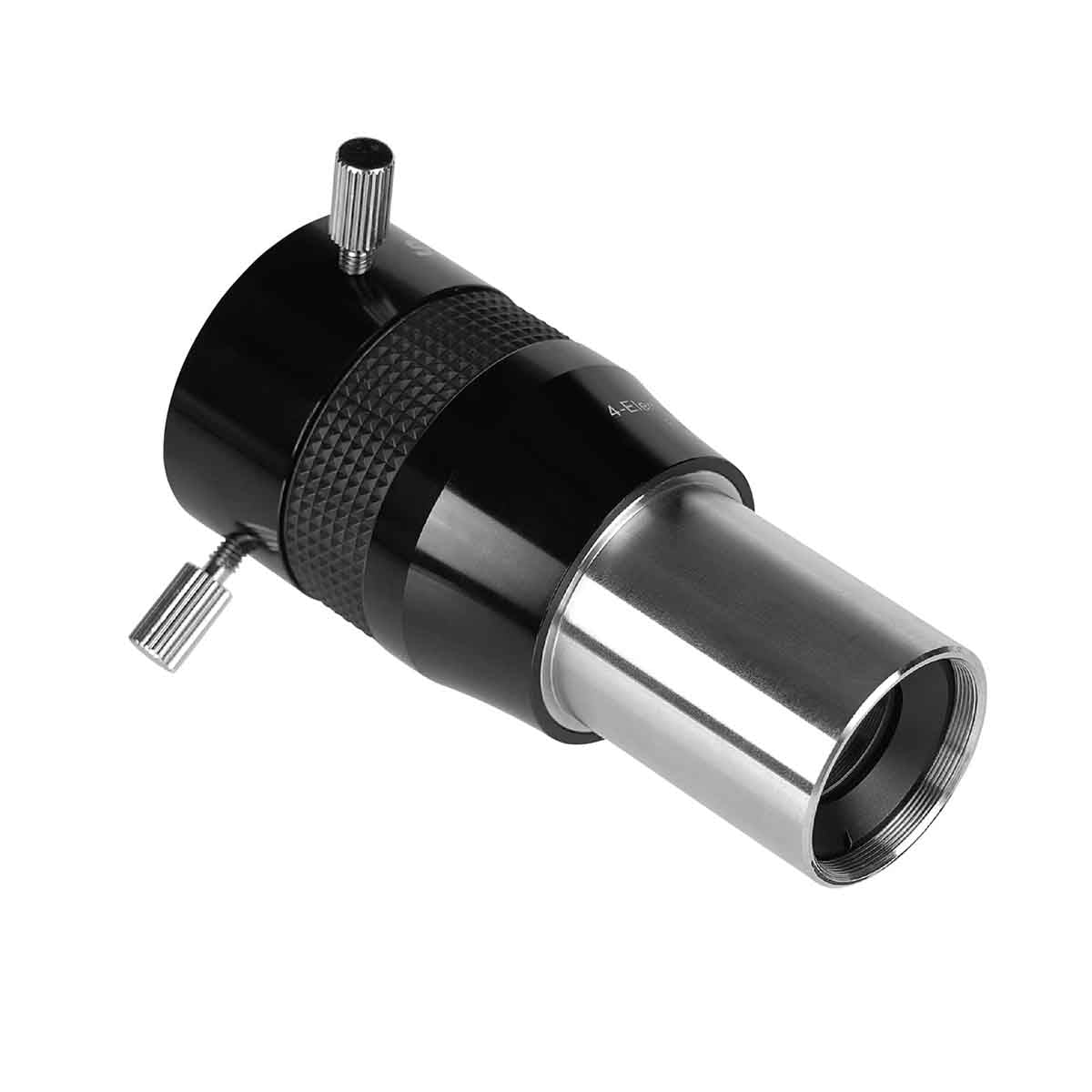 Telescope objective lens with black and silver design on a white background