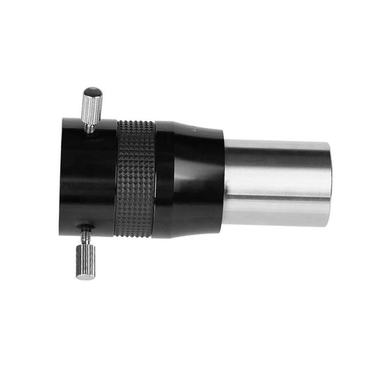 Telescope eyepiece with black and silver design on a white background