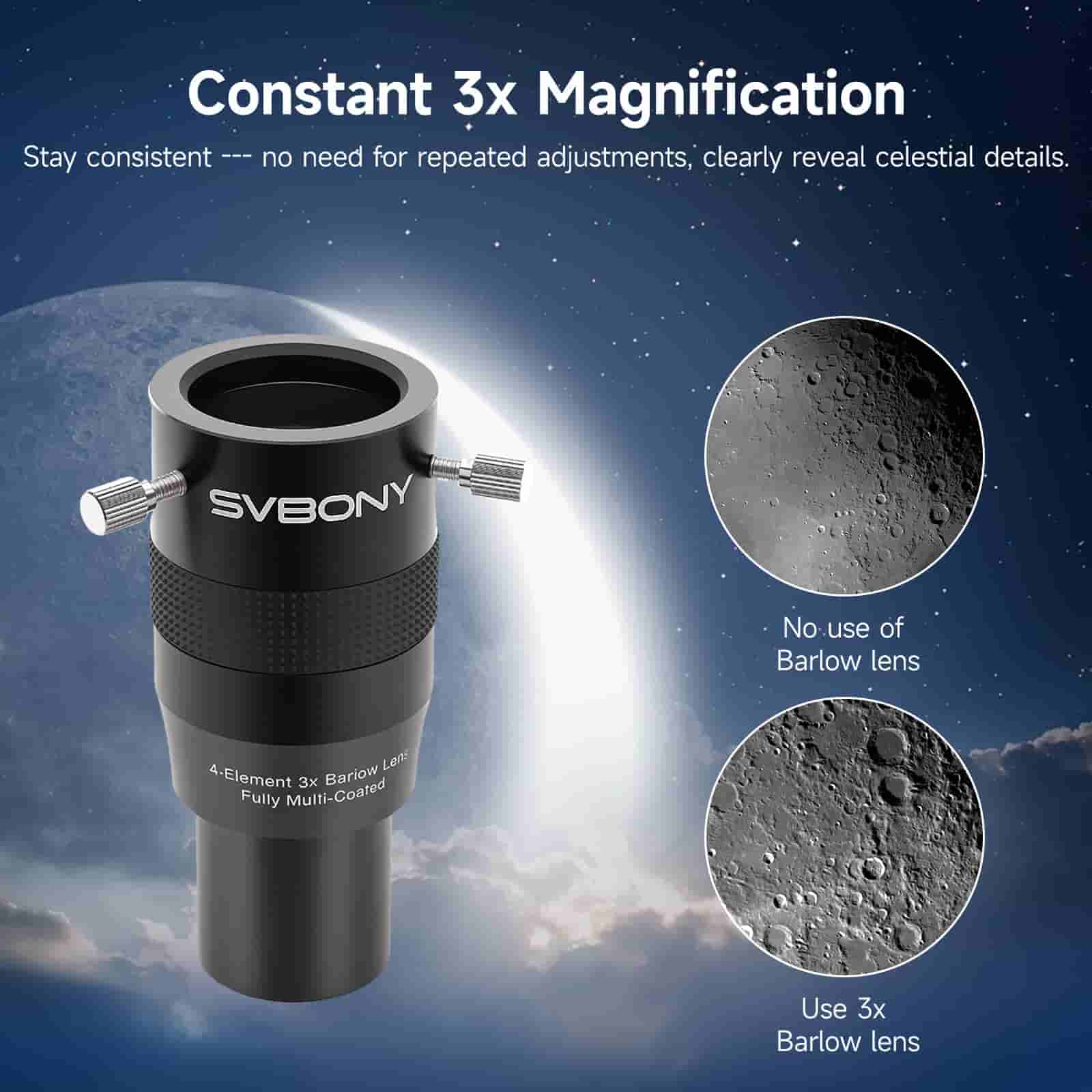 Svbony SV216 3x Barlow Lens with celestial imagery on a starry background