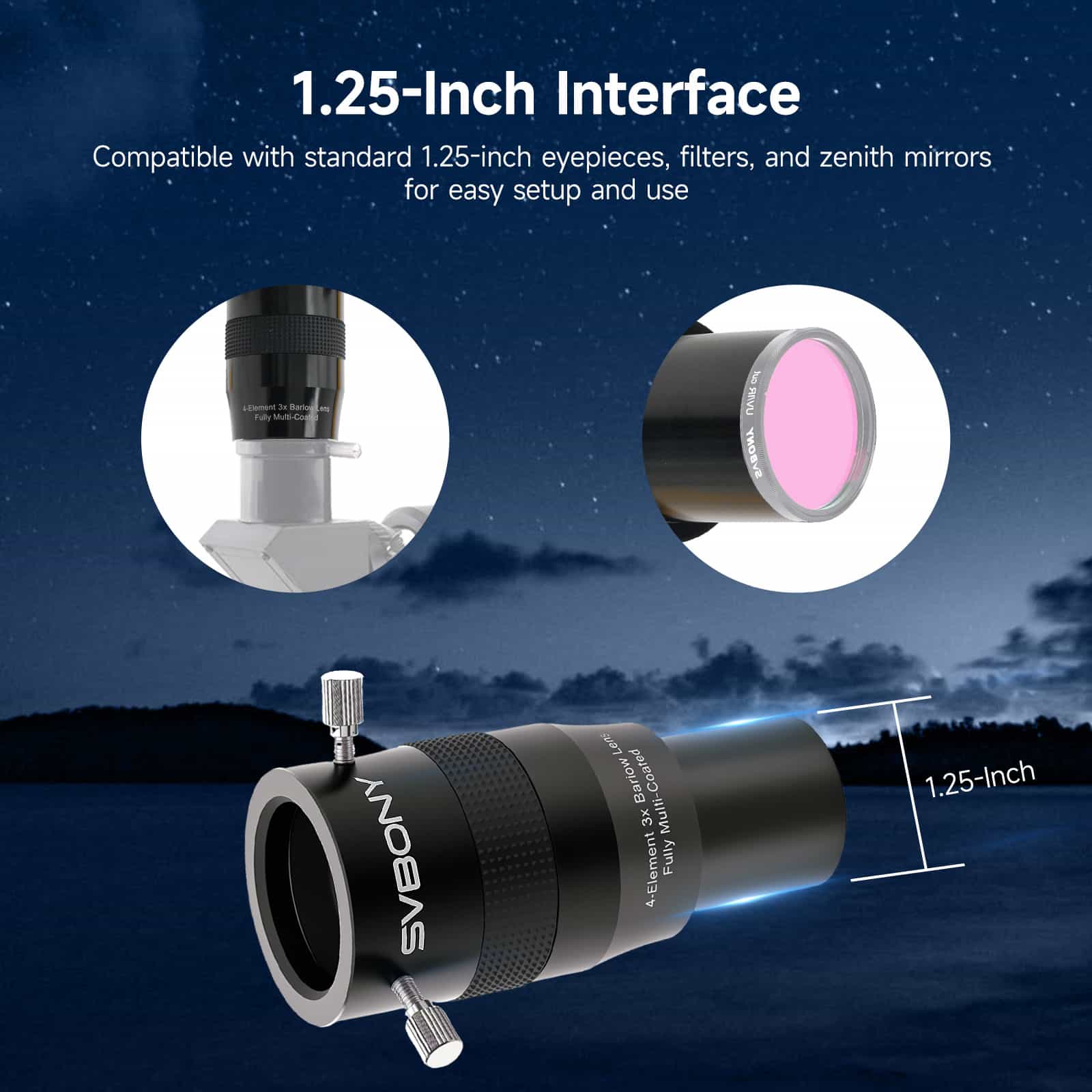 Svbony SV216 3x Barlow Lens with 1.25-inch interface on a night sky background