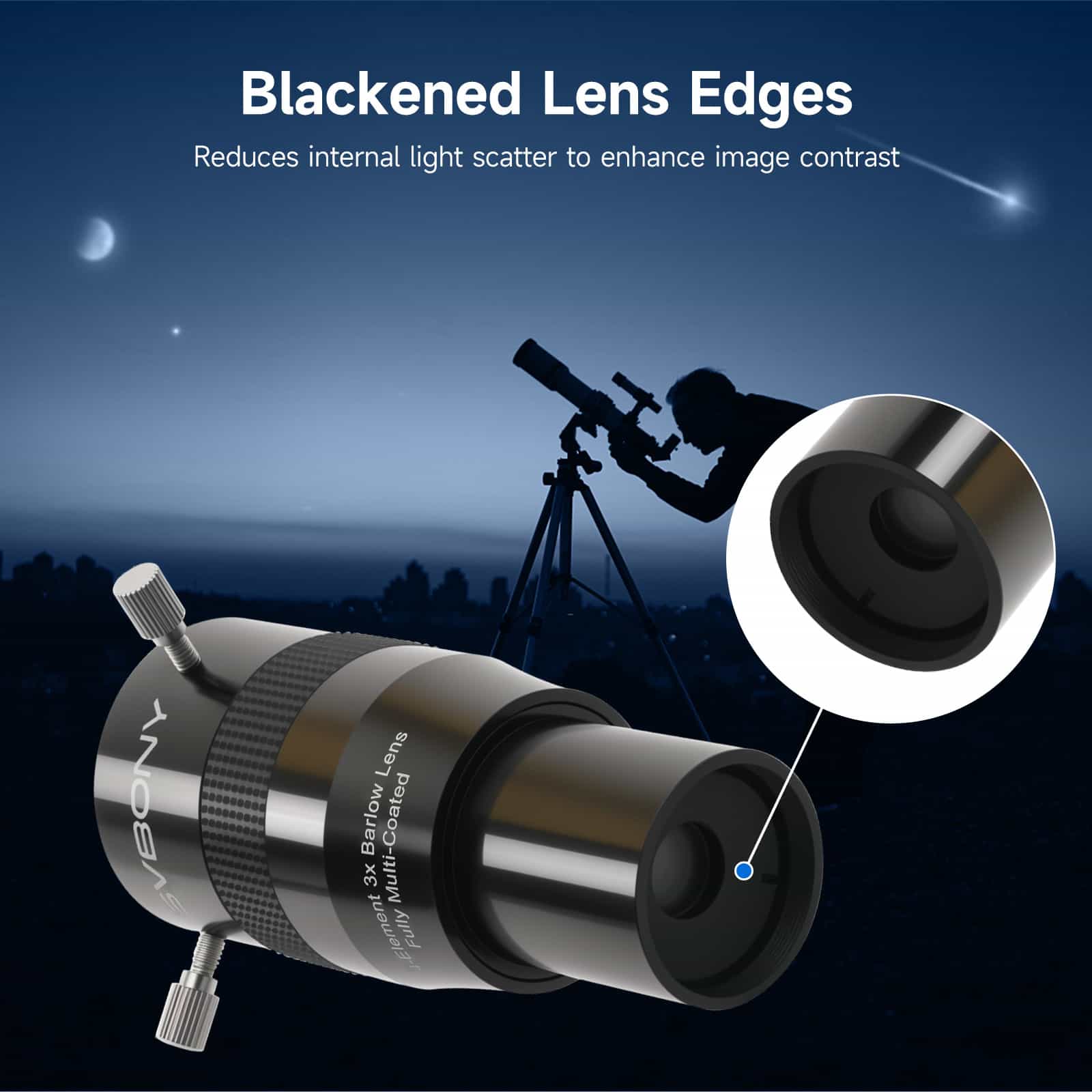 Svbony SV216 3x Barlow Lens on a night sky background, showing a person using the telescope.